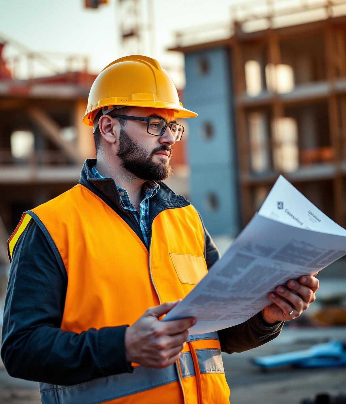 Licensed general contractor reviewing project plans on site